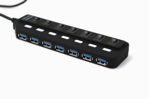 USB-C docking station with multiple ports and individual on/off switches for each connection