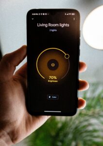 Smart lighting system casting warm colorful light in a modern living room in 2026
